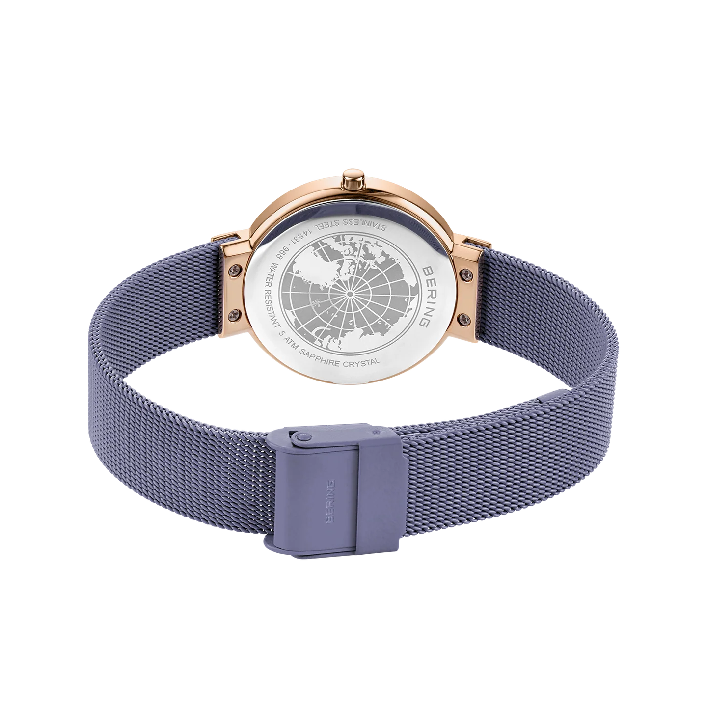 Bering Ladies Round Rose Plated Case and Lilac Grey Dial and Mesh Bracelet Watch