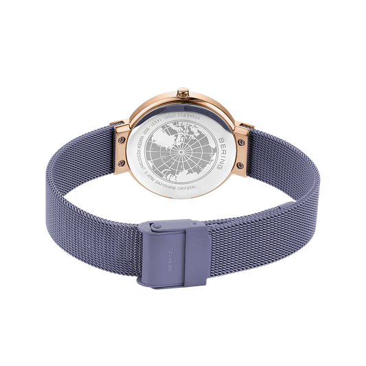 Bering Ladies Round Rose Plated Case and Lilac Grey Dial and Mesh Bracelet Watch