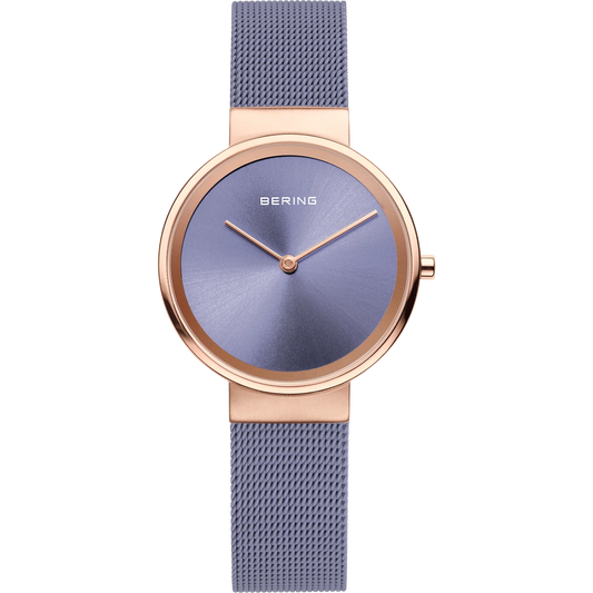 Bering Ladies Round Rose Plated Case and Lilac Grey Dial and Mesh Bracelet Watch