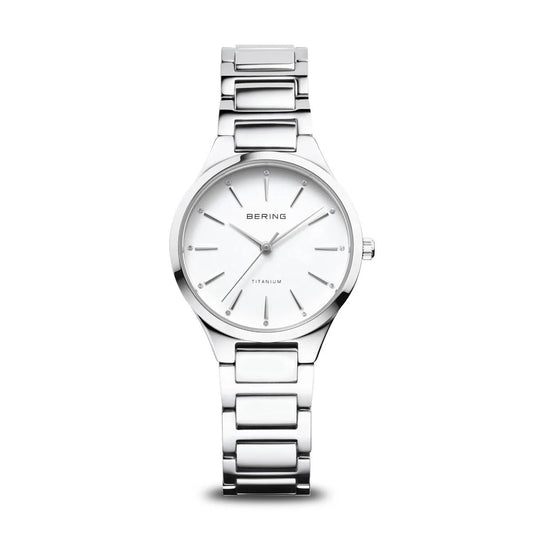 Bering Titanium Round White Dial Link Bracelet Watch 15630-704