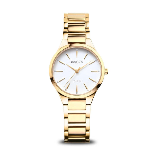 Bering Yellow Gold Plated Titanium Round White Dial Link Bracelet Watch 15630-734
