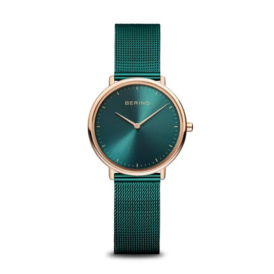 Bering Ultra Slim Polished Rose Gold Plated Green Mesh Strap Watch 15729-868
