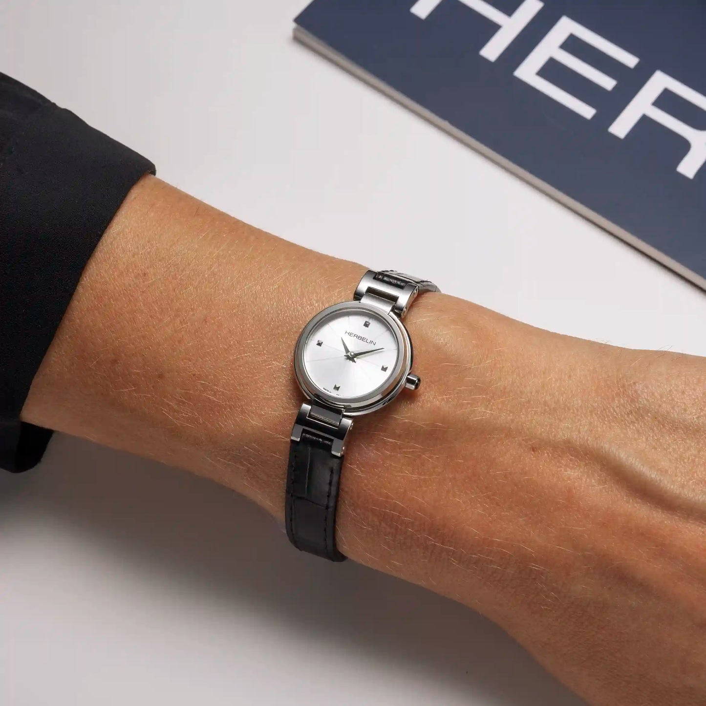 Herbelin Lady  Stainless Steel and Black Leather 22mm Watch 17312AP12