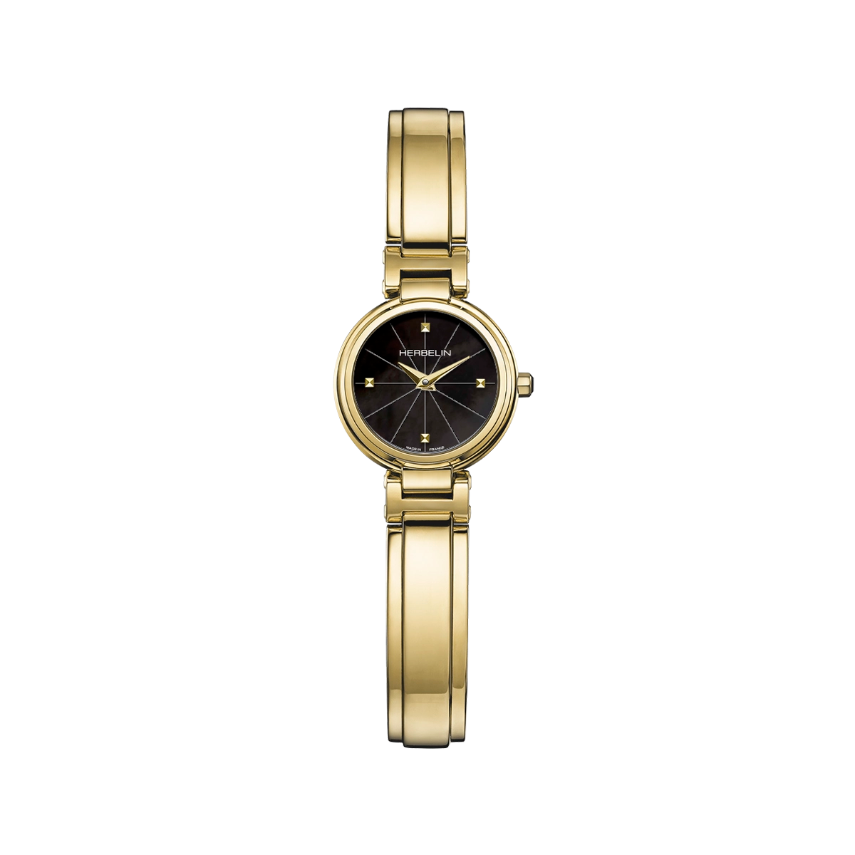 Herbelin Lady H Dame Black Dial Yellow Gold Plated Bangle Watch 17312BMP1N49