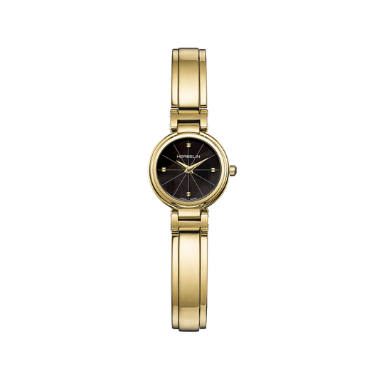 Herbelin Lady H Dame Black Dial Yellow Gold Plated Bangle Watch 17312BMP1N49