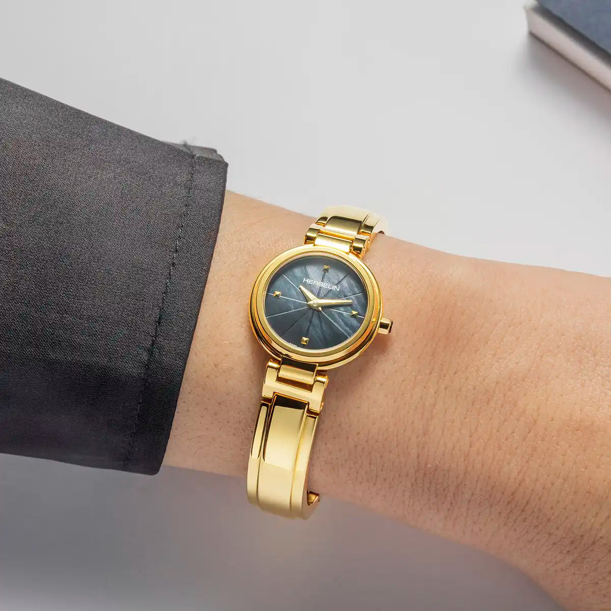 Herbelin Lady H Dame Black Dial Yellow Gold Plated Bangle Watch 17312BMP1N49