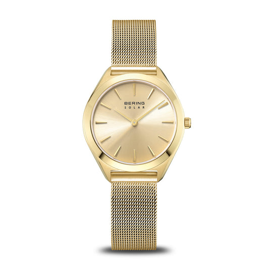 Bering Solar Yellow Gold Plated Round Champagne Dial Mesh Bracelet Watch 17331-333