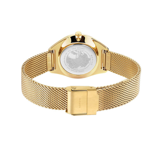 Bering Solar Yellow Gold Plated Round Champagne Dial Mesh Bracelet Watch 17331-333