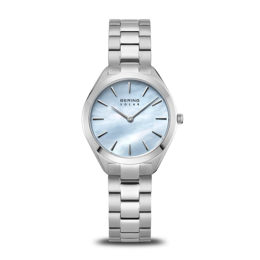 Bering Solar Round Blue Mother of Pearl Dial Steel Links Bracelet Watch 17331-707
