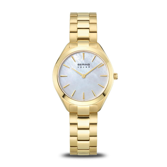 Bering Solar Round Mother of Pearl Dial Yellow Gold Plated Links Bracelet Watch  17331-734