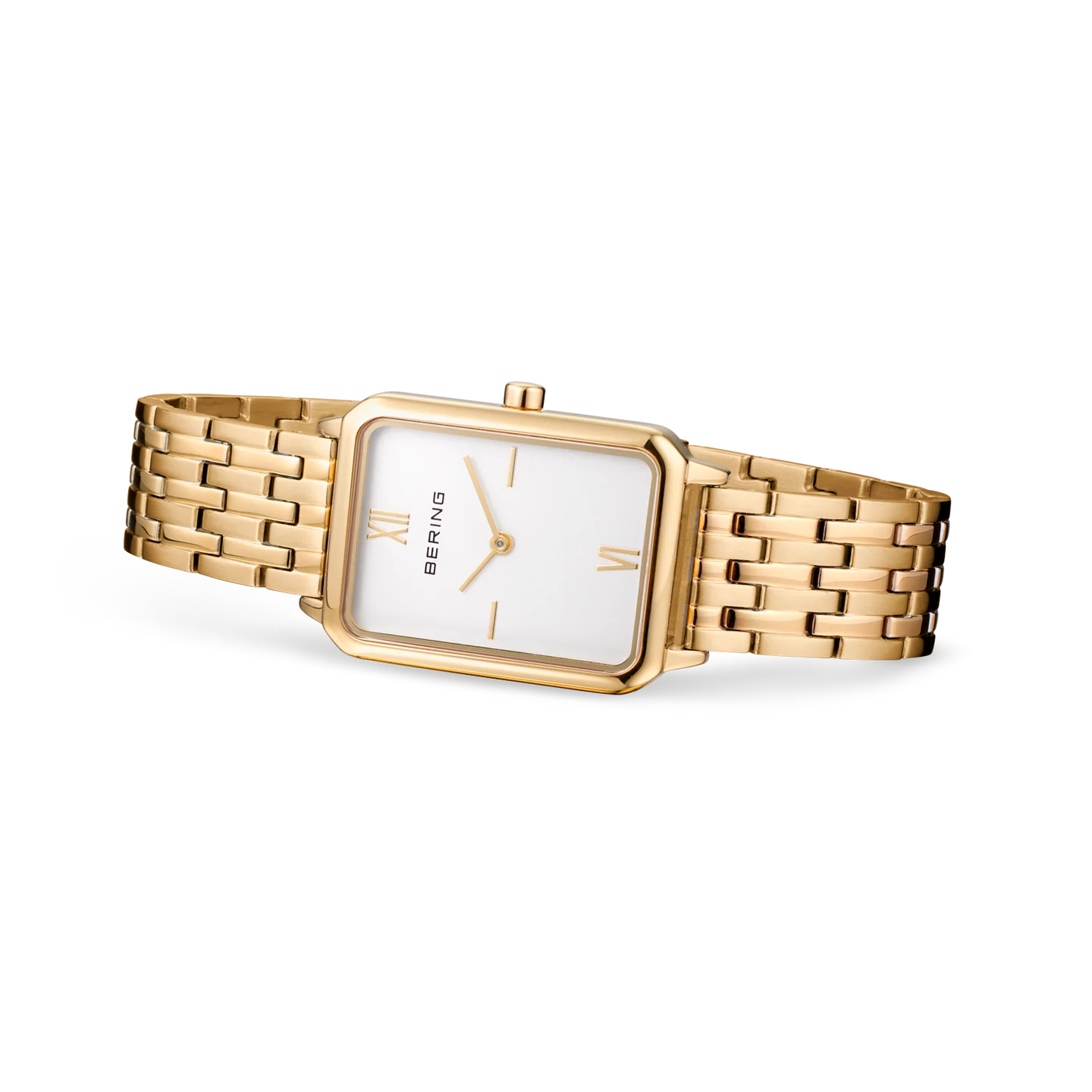 Bering Rectangular White Dial Yellow Gold Plated Case and Links Bracelet