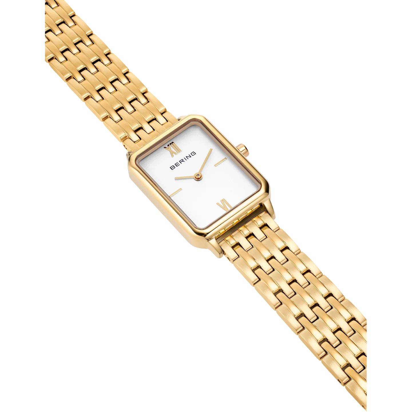 Bering Rectangular White Dial Yellow Gold Plated Case and Links Bracelet
