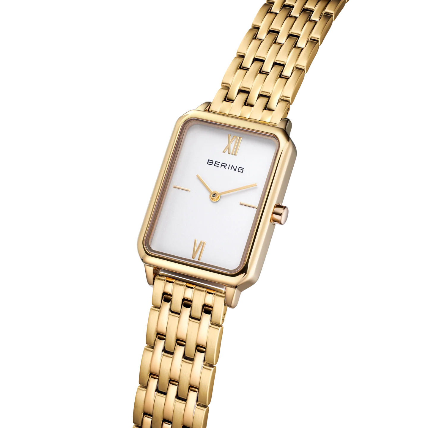 Bering Rectangular White Dial Yellow Gold Plated Case and Links Bracelet