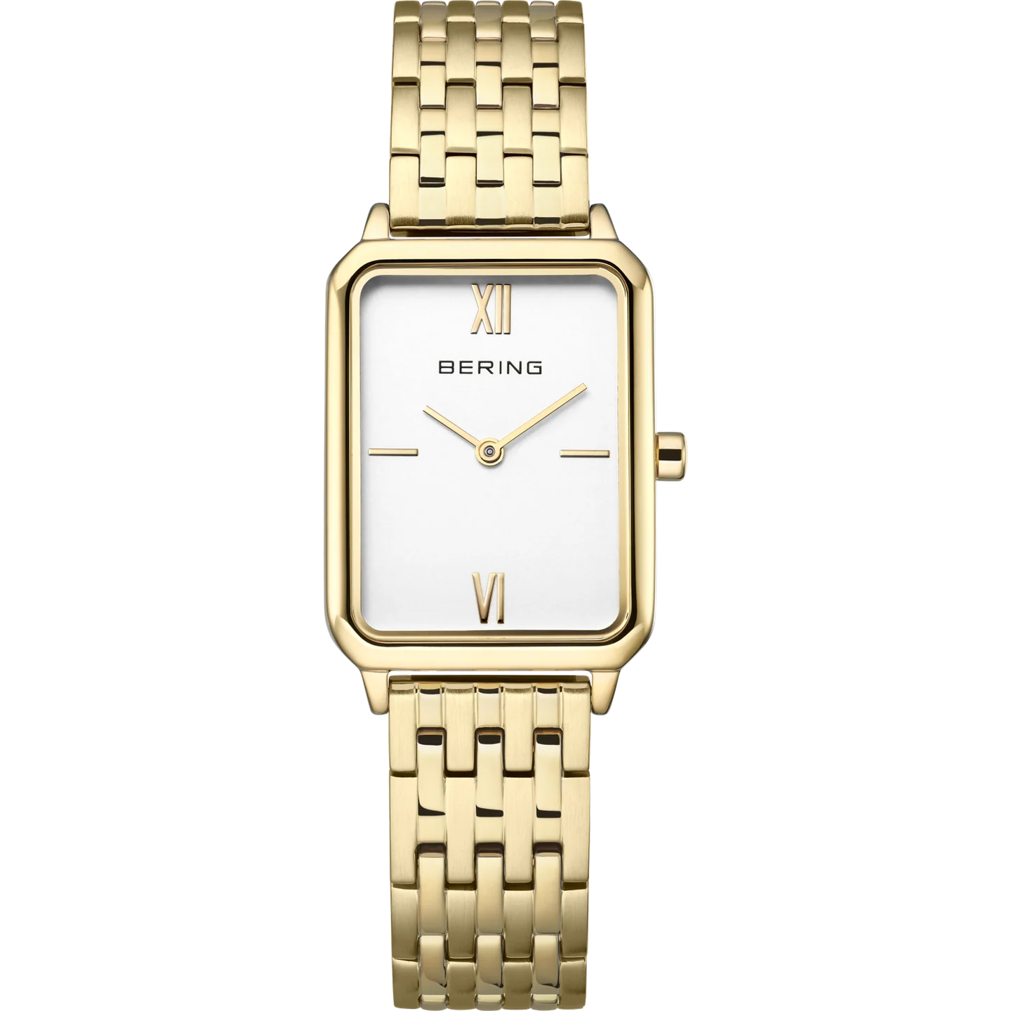 Bering Rectangular White Dial Yellow Gold Plated Case and Links Bracelet