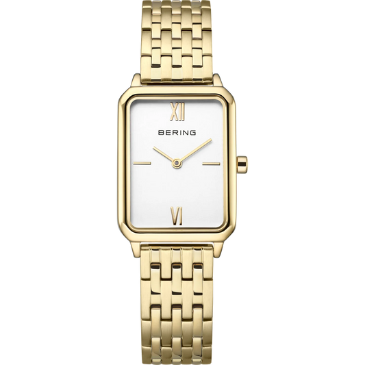 Bering Rectangular White Dial Yellow Gold Plated Case and Links Bracelet