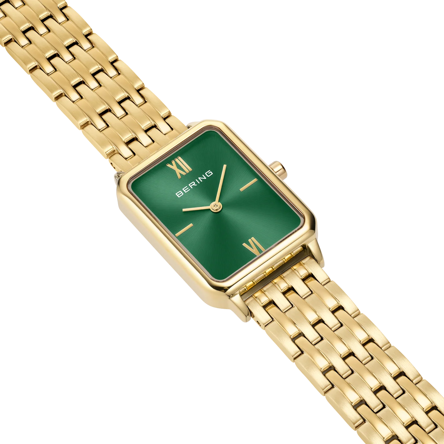 Bering Stainless Steel Rectangular Roman Numeral Link Watch Green Dial