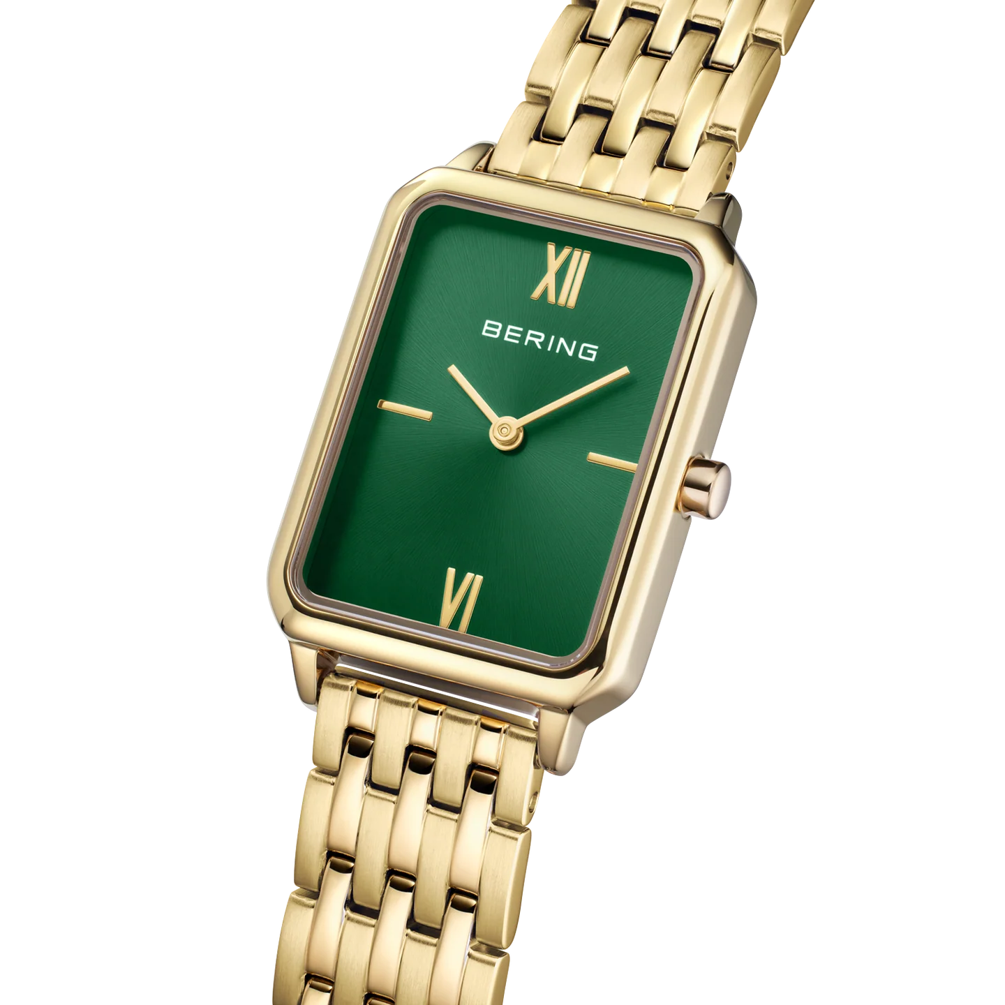 Bering Stainless Steel Rectangular Roman Numeral Link Watch Green Dial