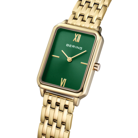 Bering Stainless Steel Rectangular Roman Numeral Link Watch Green Dial