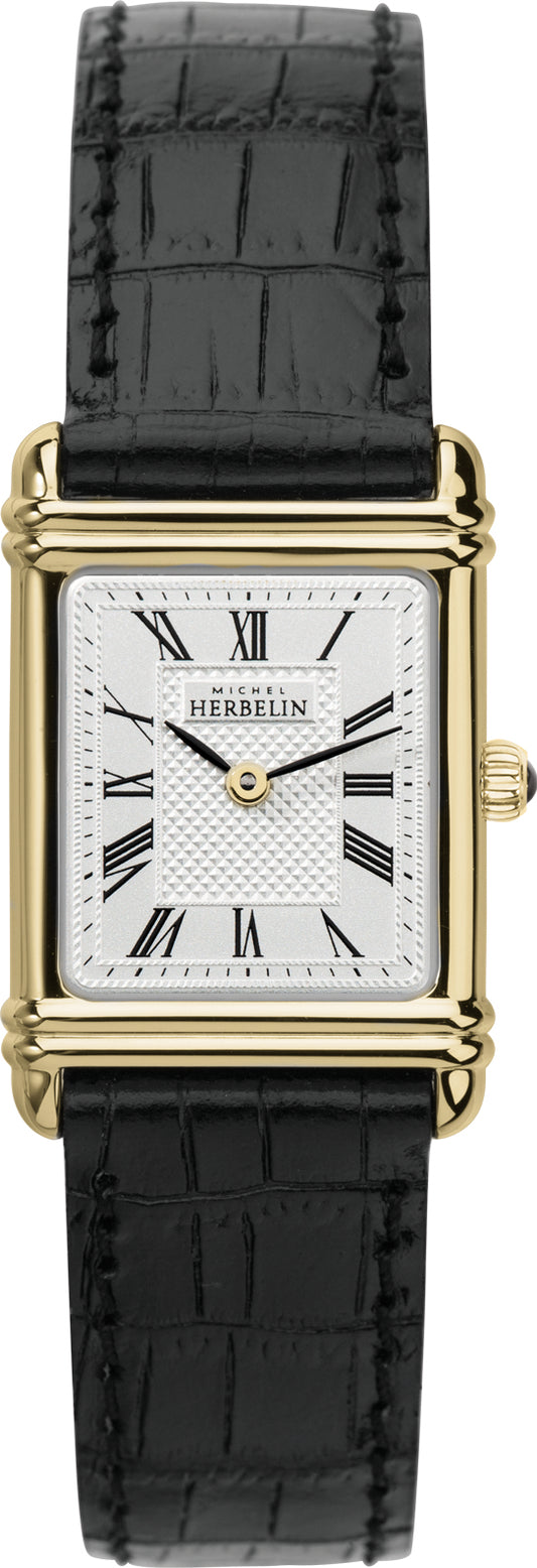 Herbelin Art Deco Rectangular Roman Numeral Dial Yellow PVD Watch 17478P08