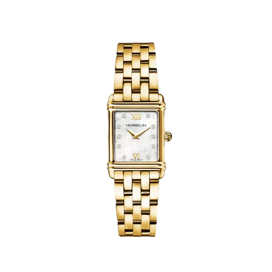 Herbelin Art Deco Rectangular Mother of Pearl Diamond Dial Yellow PVD Watch 17478BP59