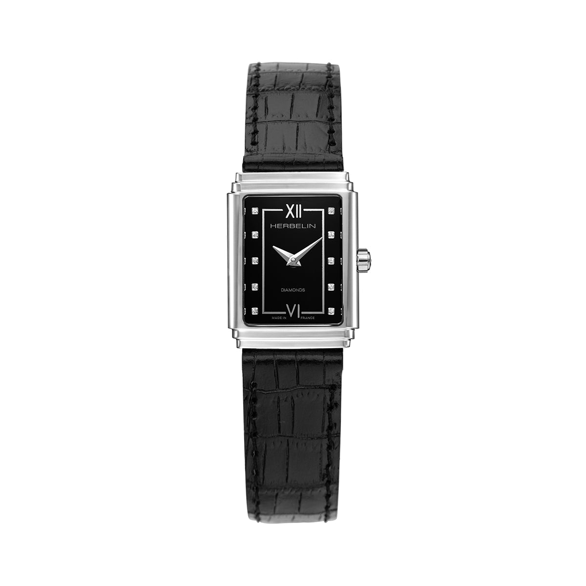 Herbelin Art Deco 1925 Diamond Black Dial Strap Watch 17577AP84