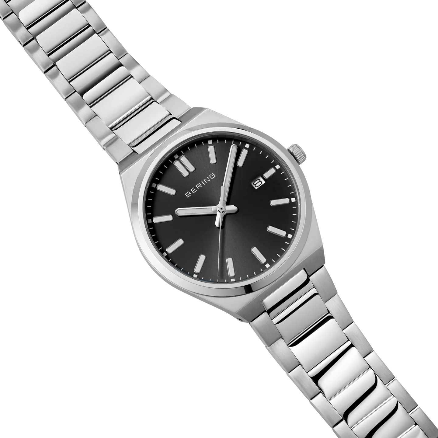 Bering Stainless Steel Black Dial Date Sunray Link Watch