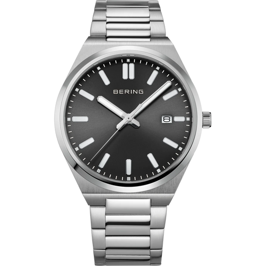 Bering Stainless Steel Black Dial Date Sunray Link Watch