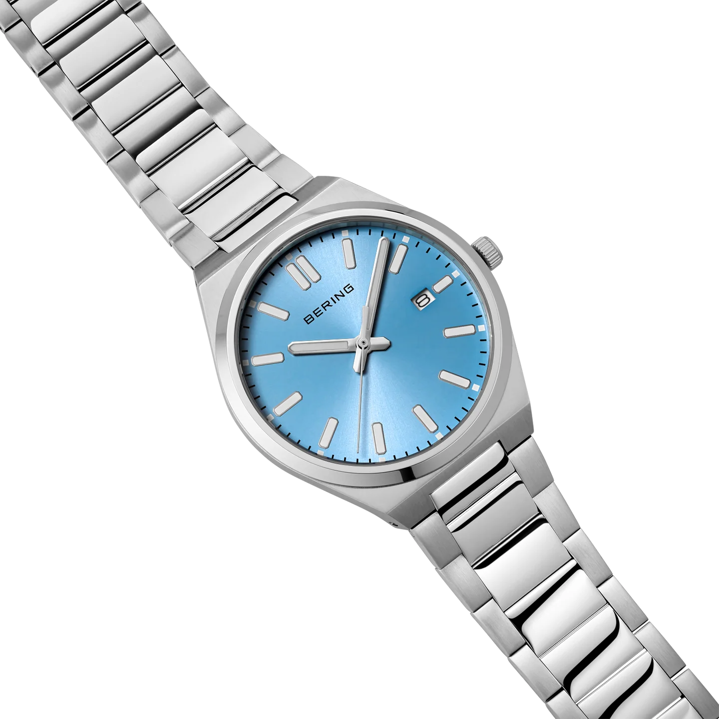 Bering Date Sunray Link 30mm Round Ice Blue Dial Steel Case and Link Bracelet 17639-707