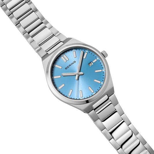 Bering Date Sunray Link 30mm Round Ice Blue Dial Steel Case and Link Bracelet 17639-707