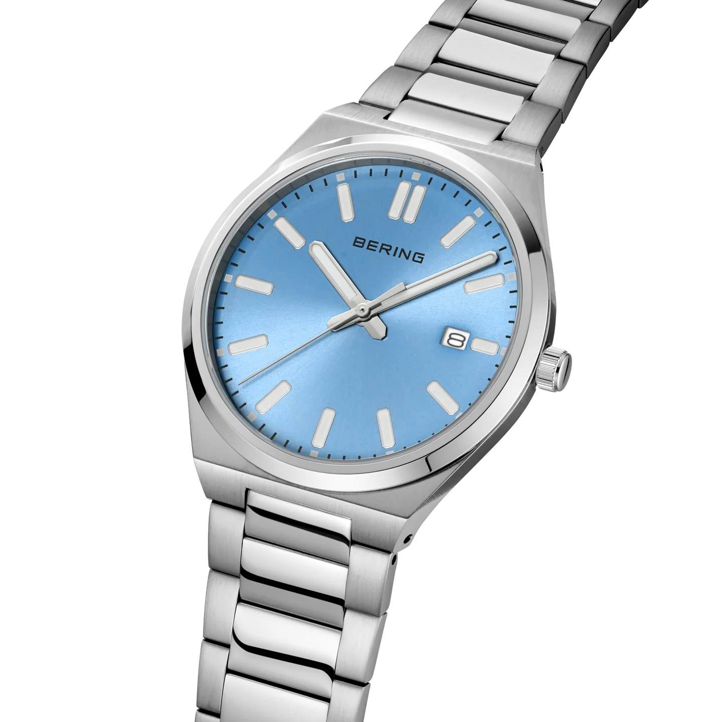 Bering Date Sunray Link 30mm Round Ice Blue Dial Steel Case and Link Bracelet 17639-707