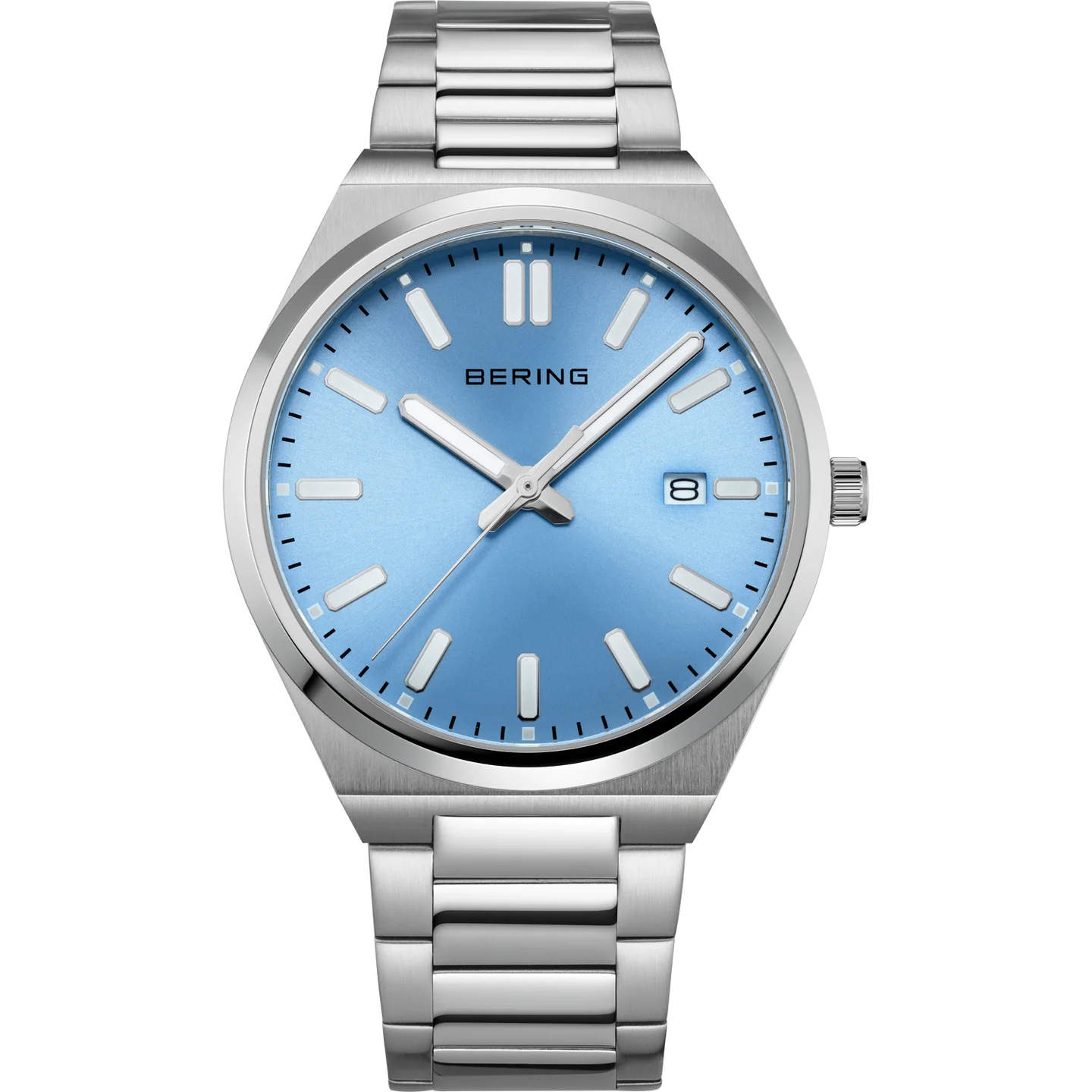 Bering Date Sunray Link 30mm Round Ice Blue Dial Steel Case and Link Bracelet 17639-707