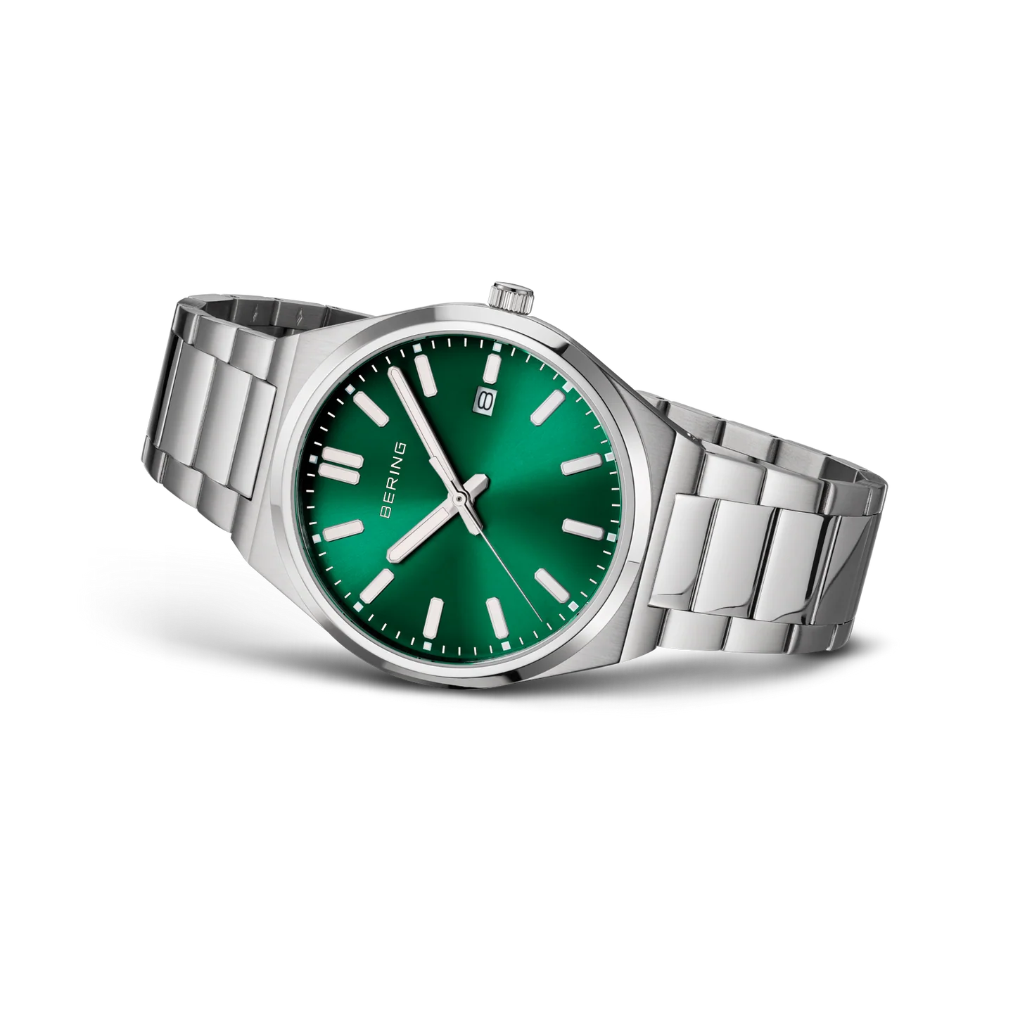 Bering Stainless Steel Slim Date Sunray Link Watch Green Dial