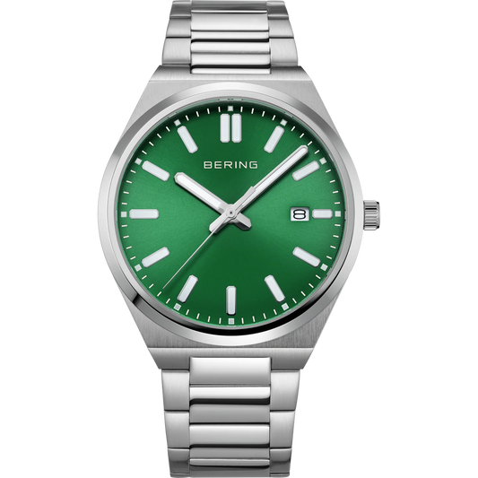 Bering Stainless Steel Slim Date Sunray Link Watch Green Dial