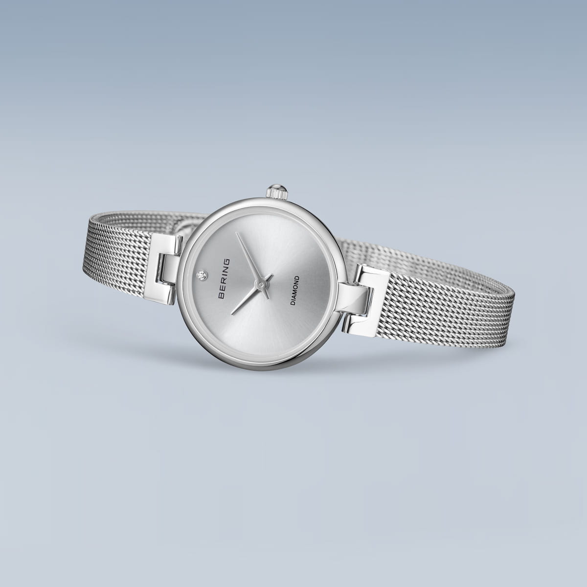 Bering Stainless Steel Round Diamond Dot Dial Mesh Bracelet Watch 17724-000