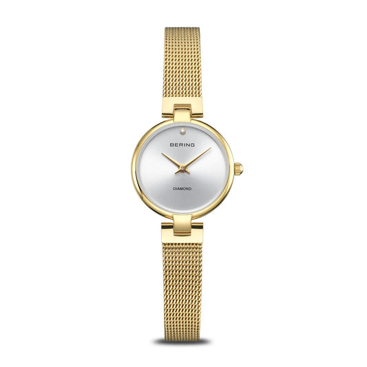 Bering Yellow Gold Plated Round Diamond Dot Dial Mesh Bracelet Watch 17724-330