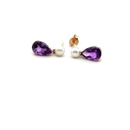 9ct Yellow Gold Freshwater Cultured Pearl and Amethyst Drop Earrings