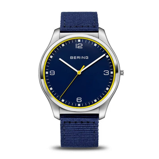 Bering Classic Ultra Slim Navy And Yellow Highlight Dial With  Navy Nato Strap 18342-507