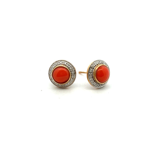 9ct Yellow Gold Coral and Diamond Stud Earrings