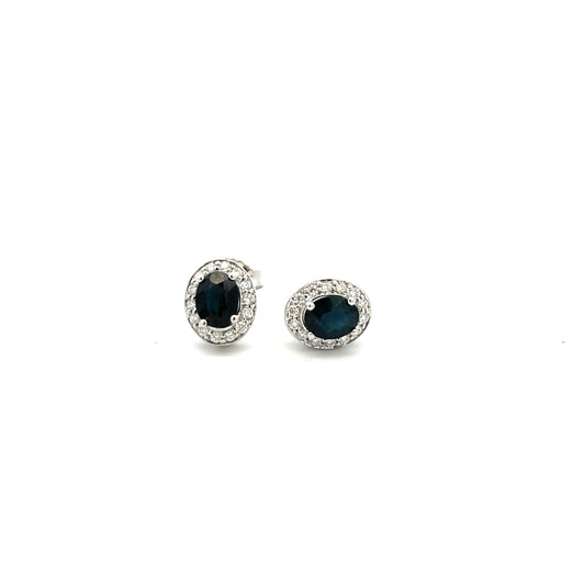 9ct White Gold Sapphire and Diamond Oval Cluster Stud Earrings