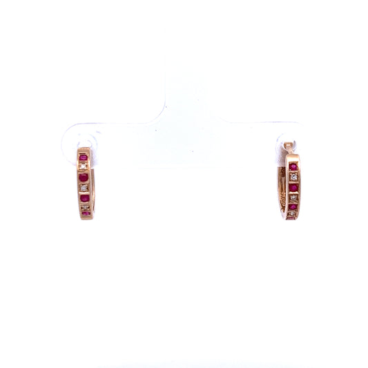 9ct Yellow Gold Ruby and Diamond Hoop Earrings