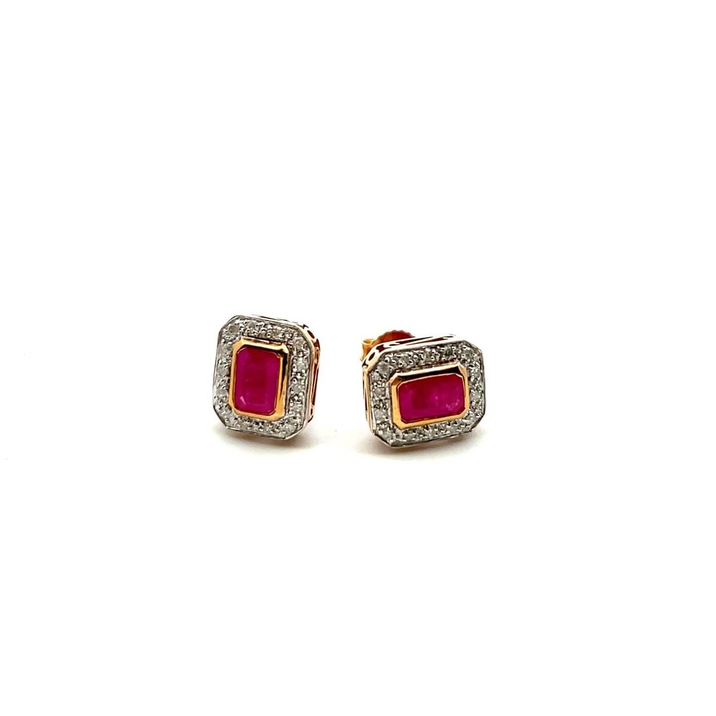 9ct Yellow Gold Rectangular Ruby and Diamond Stud Earrings