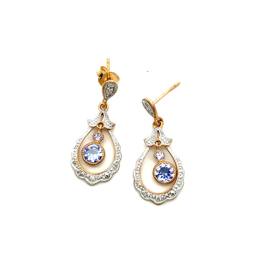 9ct Yellow Gold Tanzanite and Diamond Drop Earrings