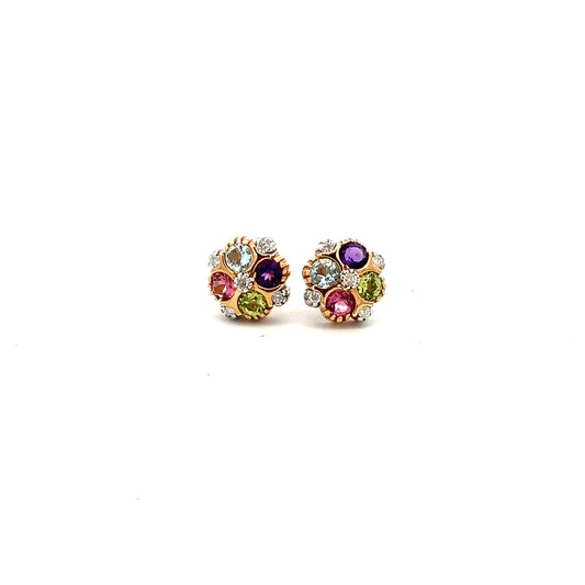 9ct Yellow Gold Stud Earrings with Amethyst, Peridot, Blue Topaz and Pink Tourmaline