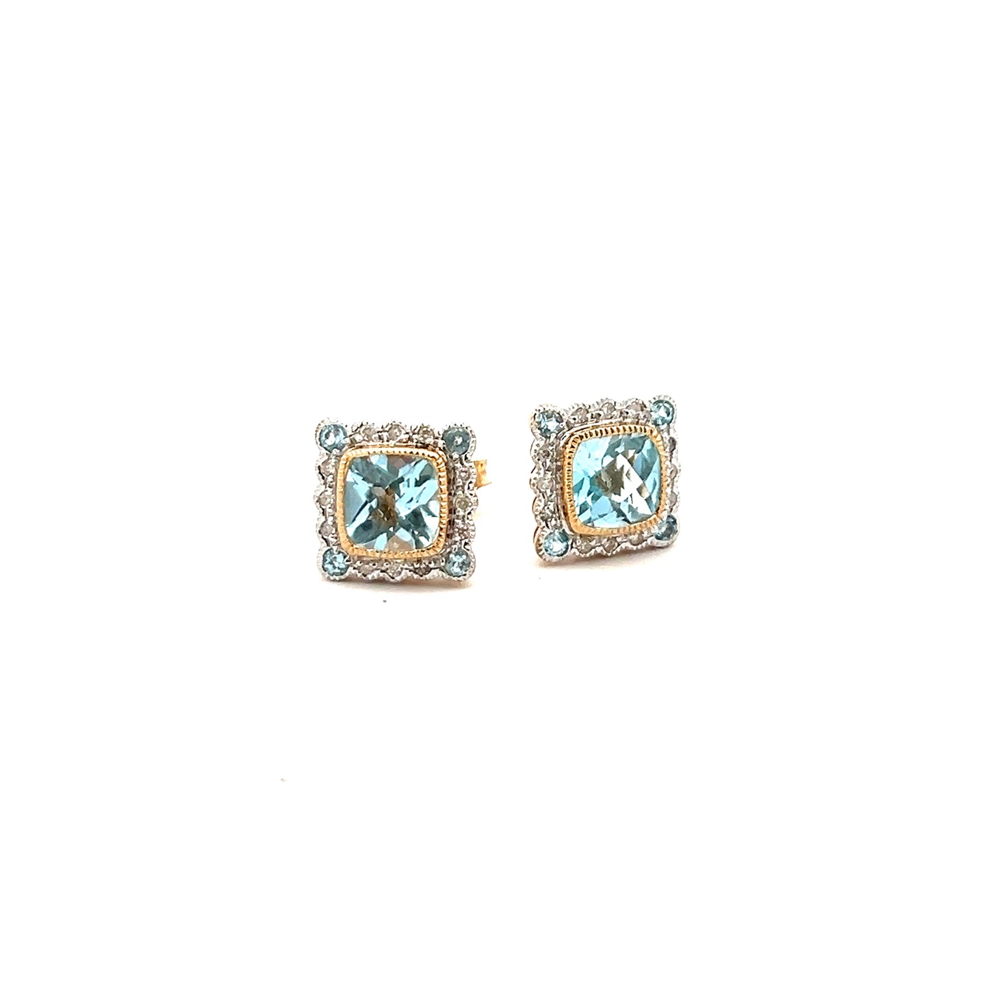 9ct Yellow Gold Blue Topaz and Diamond Cluster Stud Earrings