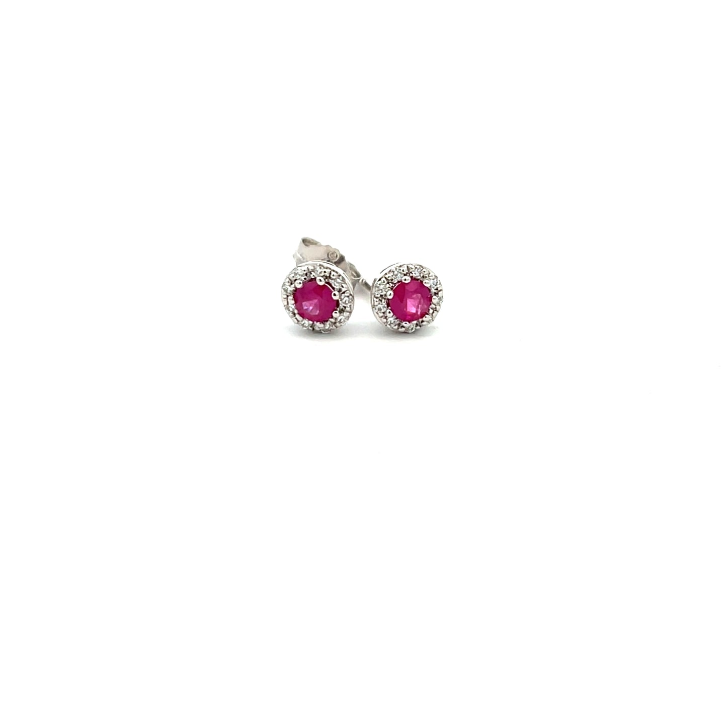 9ct White Gold Round Ruby & 0.12ct Diamond Cluster Stud Earrings