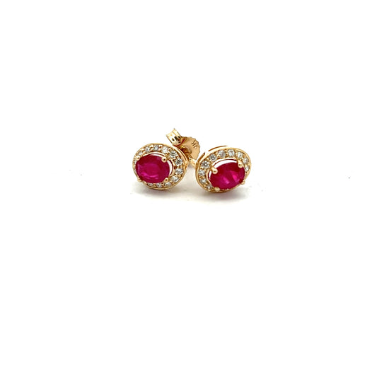 9ct Yellow Gold Ruby and Diamond Oval Cluster Stud Earrings