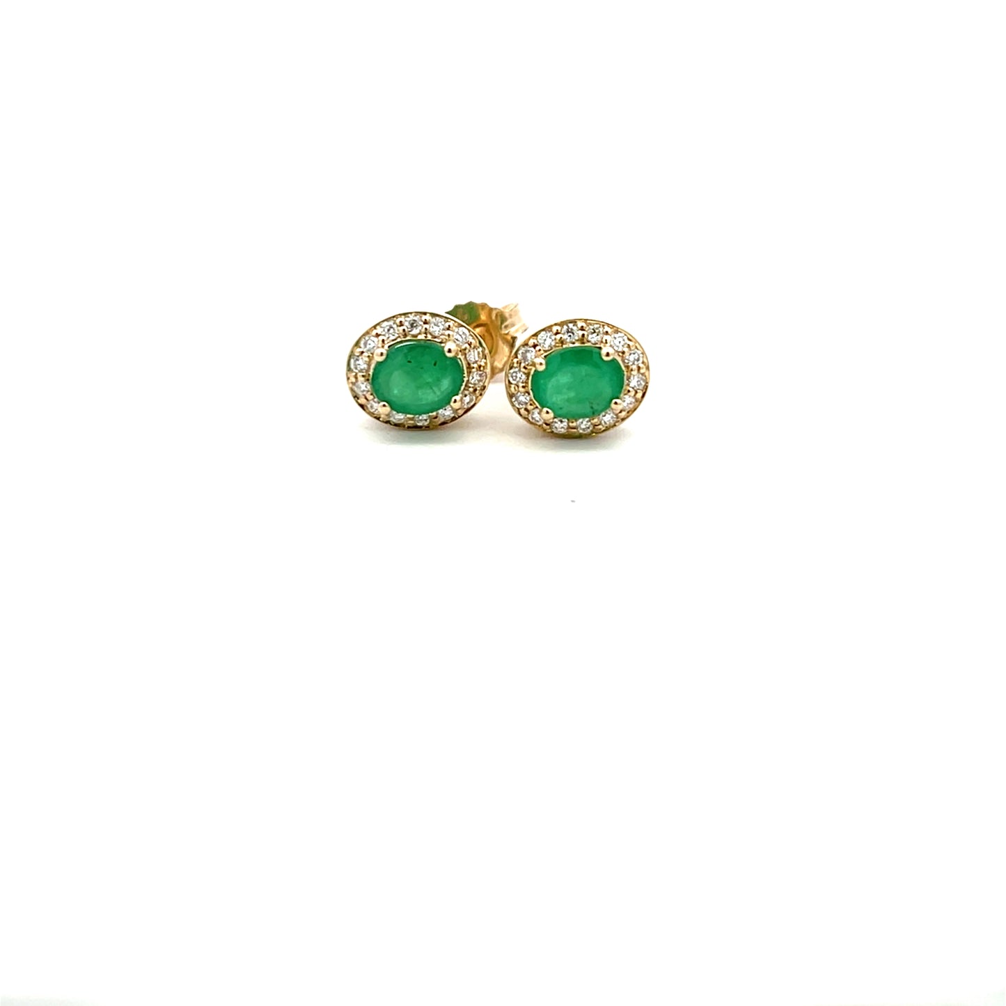 9ct Yellow Gold Emerald & 0.14ct Diamond Oval Cluster Stud Earrings