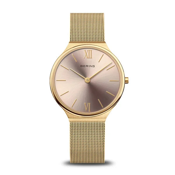 Bering Ultra Slim Rose Dial Yellow Gold Plated Case And Mesh Bracelet Watch 18434-336