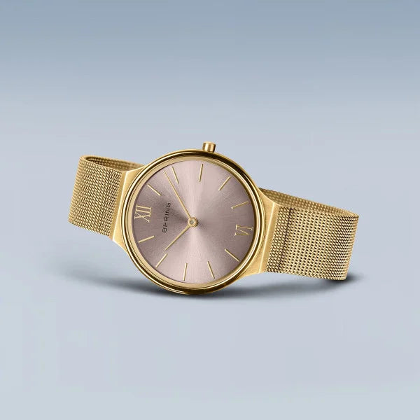 Bering Ultra Slim Rose Dial Yellow Gold Plated Case And Mesh Bracelet Watch 18434-336