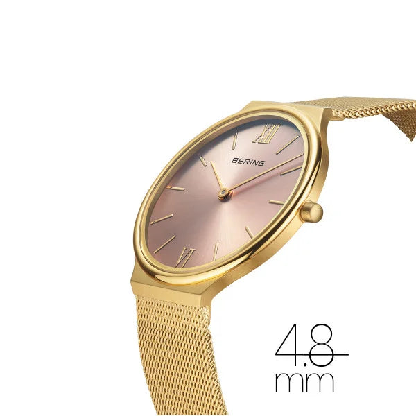 Bering Ultra Slim Rose Dial Yellow Gold Plated Case And Mesh Bracelet Watch 18434-336